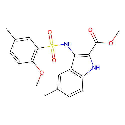 methyl 3-(2-methoxy-5-methylphenylsulfonamido)-5-methyl-1H-indole-2-carboxylate structure