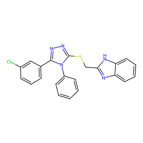 2-(((5-(3-chlorophenyl)-4-phenyl-4H-1,2,4-triazol-3-yl)thio)methyl)-1H-benzo[d]imidazole structure