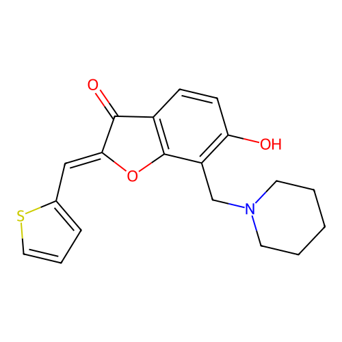 (Z)-6-hydroxy-7-(piperidin-1-ylmethyl)-2-(thiophen-2-ylmethylene)benzofuran-3(2H)-one structure
