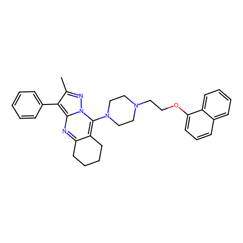 2-methyl-9-{4-[2-(naphthalen-1-yloxy)ethyl]piperazin-1-yl}-3-phenyl-5,6,7,8-tetrahydropyrazolo[5,1-b]quinazoline structure