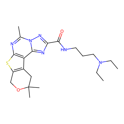 N-(3-(diethylamino)propyl)-5,10,10-trimethyl-10,11-dihydro-8H-pyrano[4',3':4,5]thieno[3,2-e][1,2,4]triazolo[1,5-c]pyrimidine-2-carboxamide structure