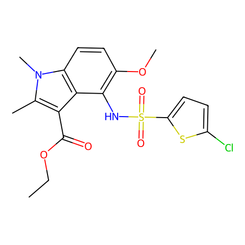 ethyl 4-(5-chlorothiophene-2-sulfonamido)-5-methoxy-1,2-dimethyl-1H-indole-3-carboxylate structure