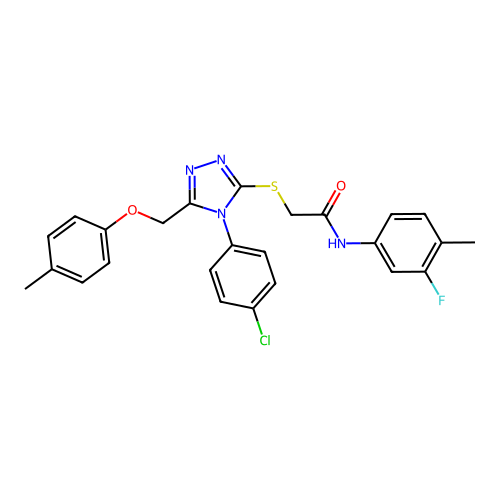 2-((4-(4-chlorophenyl)-5-((p-tolyloxy)methyl)-4H-1,2,4-triazol-3-yl)thio)-N-(3-fluoro-4-methylphenyl)acetamide structure