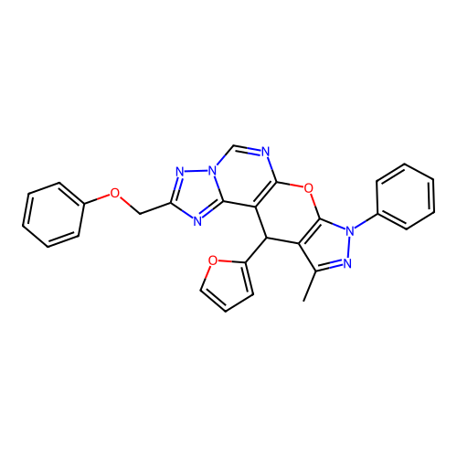 11-(furan-2-yl)-10-methyl-2-(phenoxymethyl)-8-phenyl-8,11-dihydropyrazolo[4',3':5,6]pyrano[3,2-e][1,2,4]triazolo[1,5-c]pyrimidine structure
