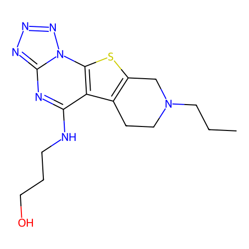 3-((8-propyl-6,7,8,9-tetrahydropyrido[4',3':4,5]thieno[3,2-e]tetrazolo[1,5-a]pyrimidin-5-yl)amino)propan-1-ol structure