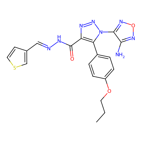 (E)-1-(4-amino-1,2,5-oxadiazol-3-yl)-5-(4-propoxyphenyl)-N'-(thiophen-3-ylmethylene)-1H-1,2,3-triazole-4-carbohydrazide structure