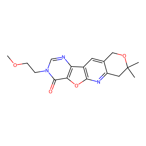 3-(2-methoxyethyl)-8,8-dimethyl-7,10-dihydro-8H-pyrano[3'',4'':5',6']pyrido[3',2':4,5]furo[3,2-d]pyrimidin-4(3H)-one structure