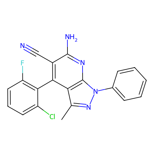 6-amino-4-(2-chloro-6-fluorophenyl)-3-methyl-1-phenyl-1H-pyrazolo[3,4-b]pyridine-5-carbonitrile structure