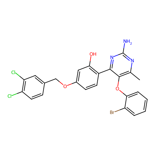 2-(2-amino-5-(2-bromophenoxy)-6-methylpyrimidin-4-yl)-5-((3,4-dichlorobenzyl)oxy)phenol structure
