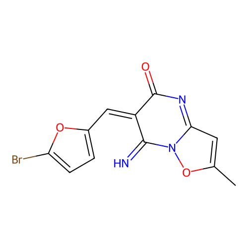 (6E)-6-[(5-bromofuran-2-yl)methylidene]-7-imino-2-methyl-[1,2]oxazolo[2,3-a]pyrimidin-5-one structure