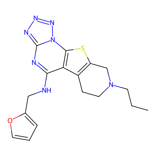 N-(furan-2-ylmethyl)-8-propyl-6,7,8,9-tetrahydropyrido[4',3':4,5]thieno[3,2-e]tetrazolo[1,5-a]pyrimidin-5-amine structure