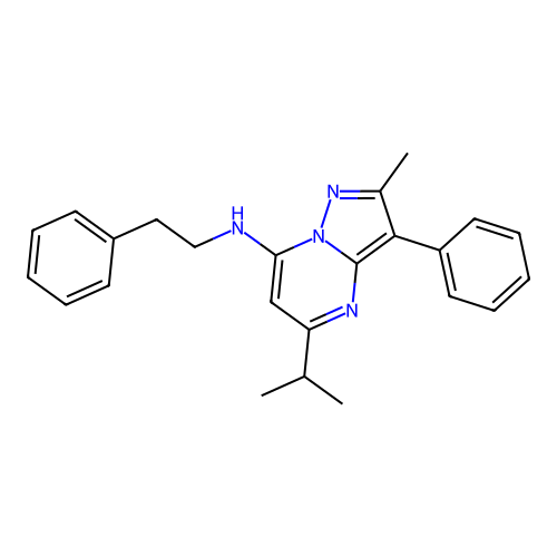 2-methyl-3-phenyl-N-(2-phenylethyl)-5-(propan-2-yl)pyrazolo[1,5-a]pyrimidin-7-amine structure