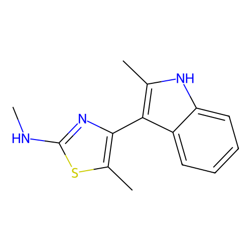 N,5-dimethyl-4-(2-methyl-1H-indol-3-yl)-1,3-thiazol-2-amine structure