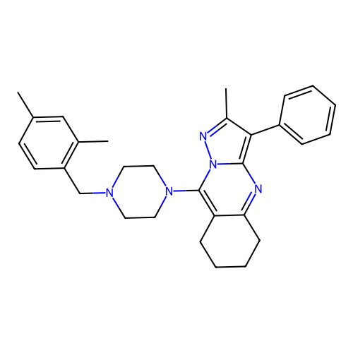 9-[4-(2,4-dimethylbenzyl)piperazin-1-yl]-2-methyl-3-phenyl-5,6,7,8-tetrahydropyrazolo[5,1-b]quinazoline structure