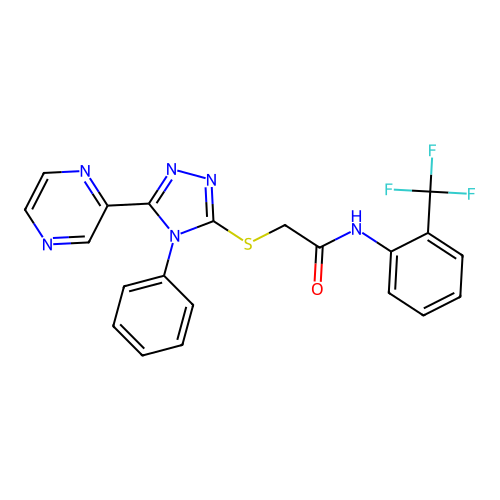 2-[(4-phenyl-5-pyrazin-2-yl-1,2,4-triazol-3-yl)sulfanyl]-N-[2-(trifluoromethyl)phenyl]acetamide structure
