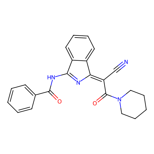 (Z)-N-(1-(1-cyano-2-oxo-2-(piperidin-1-yl)ethylidene)-1H-isoindol-3-yl)benzamide structure