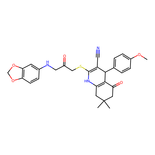 2-((3-(benzo[d][1,3]dioxol-5-ylamino)-2-oxopropyl)thio)-4-(4-methoxyphenyl)-7,7-dimethyl-5-oxo-1,4,5,6,7,8-hexahydroquinoline-3-carbonitrile structure