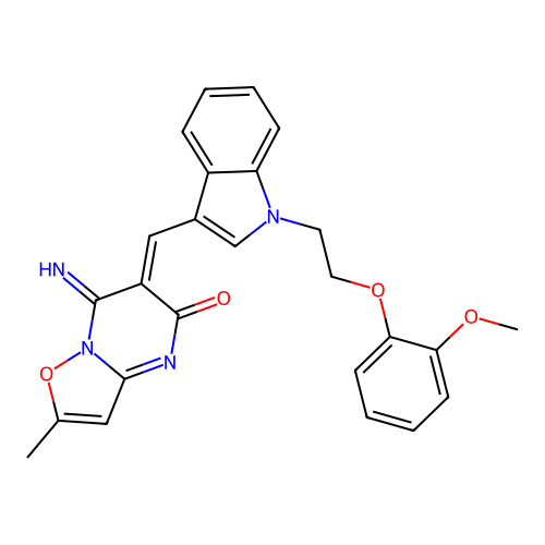 (6Z)-7-IMINO-6-({1-[2-(2-METHOXYPHENOXY)ETHYL]-1H-INDOL-3-YL}METHYLIDENE)-2-METHYL-5H,6H,7H-[1,2]OXAZOLO[2,3-A]PYRIMIDIN-5-ONE structure