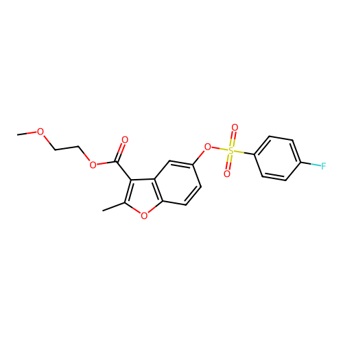 2-methoxyethyl 5-(((4-fluorophenyl)sulfonyl)oxy)-2-methylbenzofuran-3-carboxylate structure