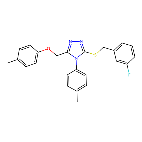 3-[(3-fluorophenyl)methylsulfanyl]-5-[(4-methylphenoxy)methyl]-4-(4-methylphenyl)-1,2,4-triazole structure