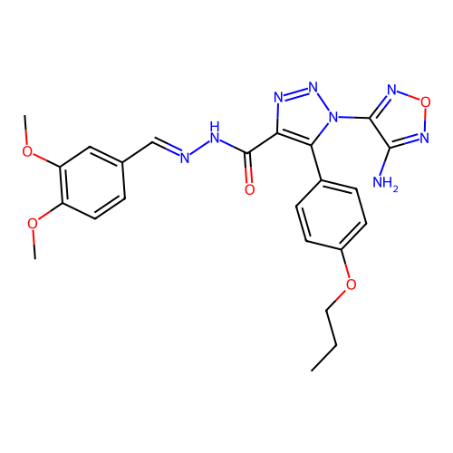 (E)-1-(4-amino-1,2,5-oxadiazol-3-yl)-N'-(3,4-dimethoxybenzylidene)-5-(4-propoxyphenyl)-1H-1,2,3-triazole-4-carbohydrazide structure