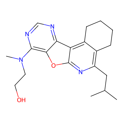 2-((5-isobutyl-1,2,3,4-tetrahydropyrimido[4',5':4,5]furo[2,3-c]isoquinolin-8-yl)(methyl)amino)ethanol structure