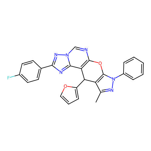 2-(4-fluorophenyl)-11-(furan-2-yl)-10-methyl-8-phenyl-8,11-dihydropyrazolo[4',3':5,6]pyrano[3,2-e][1,2,4]triazolo[1,5-c]pyrimidine structure