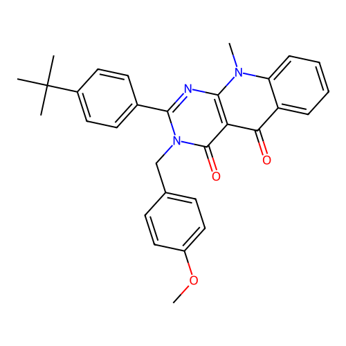 2-(4-(tert-butyl)phenyl)-3-(4-methoxybenzyl)-10-methylpyrimido[4,5-b]quinoline-4,5(3H,10H)-dione structure