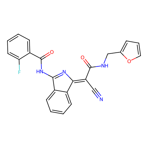 (Z)-N-(1-(1-cyano-2-((furan-2-ylmethyl)amino)-2-oxoethylidene)-1H-isoindol-3-yl)-2-fluorobenzamide structure