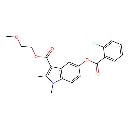 2-methoxyethyl 5-((2-fluorobenzoyl)oxy)-1,2-dimethyl-1H-indole-3-carboxylate structure