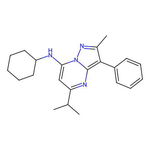 N-cyclohexyl-2-methyl-3-phenyl-5-(propan-2-yl)pyrazolo[1,5-a]pyrimidin-7-amine structure