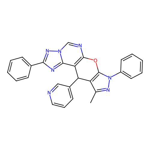 10-methyl-2,8-diphenyl-11-(pyridin-3-yl)-8,11-dihydropyrazolo[4',3':5,6]pyrano[3,2-e][1,2,4]triazolo[1,5-c]pyrimidine structure