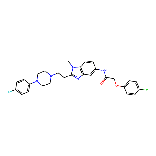 2-(4-chlorophenoxy)-N-(2-(2-(4-(4-fluorophenyl)piperazin-1-yl)ethyl)-1-methyl-1H-benzo[d]imidazol-5-yl)acetamide structure