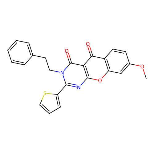 7-Methoxy-3-phenethyl-2-thiophen-2-yl-3H-9-oxa-1,3-diaza-anthracene-4,10-dione structure