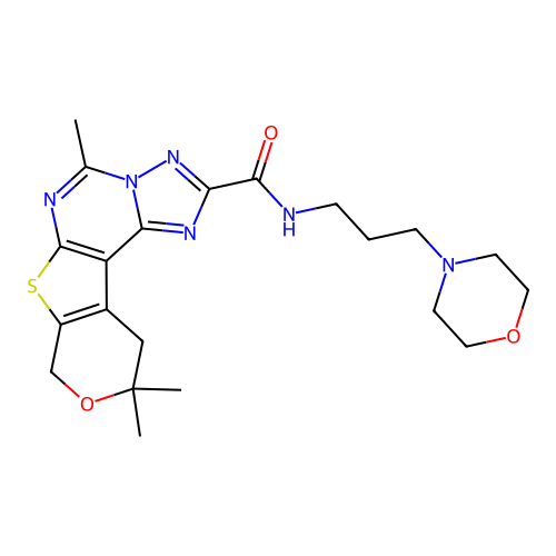 5,10,10-trimethyl-N-(3-morpholinopropyl)-10,11-dihydro-8H-pyrano[4',3':4,5]thieno[3,2-e][1,2,4]triazolo[1,5-c]pyrimidine-2-carboxamide structure