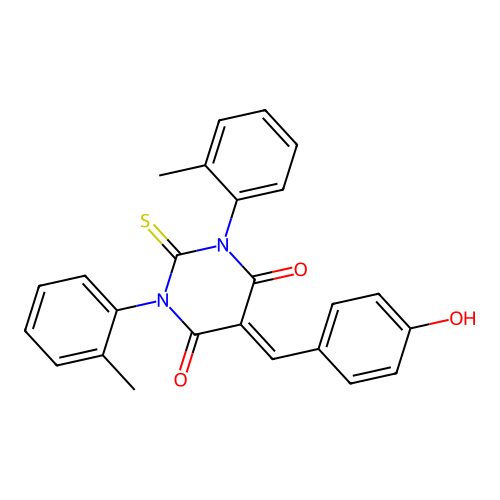 5-[(4-hydroxyphenyl)methylidene]-1,3-bis(2-methylphenyl)-2-sulfanylidene-1,3-diazinane-4,6-dione structure