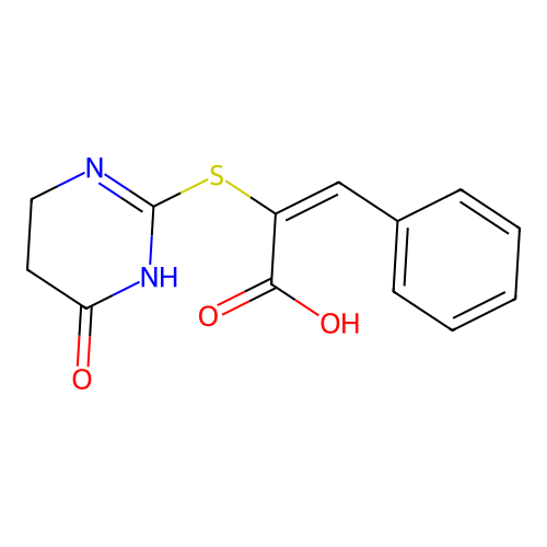 (2E)-2-[(4-oxo-1,4,5,6-tetrahydropyrimidin-2-yl)sulfanyl]-3-phenylprop-2-enoic acid structure