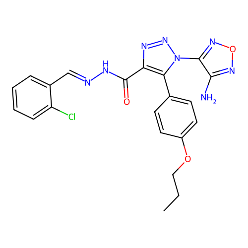 (E)-1-(4-amino-1,2,5-oxadiazol-3-yl)-N'-(2-chlorobenzylidene)-5-(4-propoxyphenyl)-1H-1,2,3-triazole-4-carbohydrazide structure