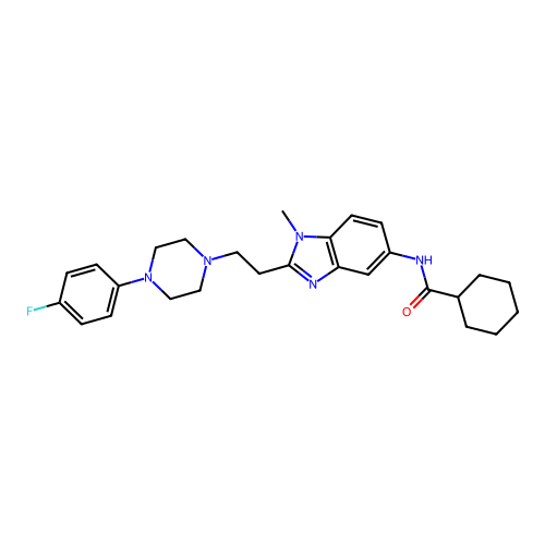 N-(2-(2-(4-(4-fluorophenyl)piperazin-1-yl)ethyl)-1-methyl-1H-benzo[d]imidazol-5-yl)cyclohexanecarboxamide structure
