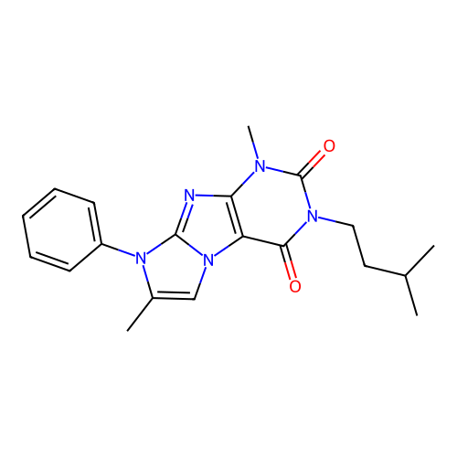 1,7-dimethyl-3-(3-methylbutyl)-8-phenyl-1,3,5-trihydro-4-imidazolino[1,2-h]pur ine-2,4-dione structure