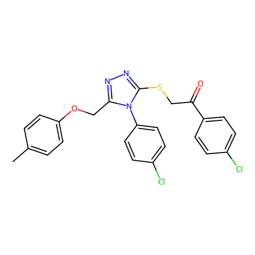 1-(4-chlorophenyl)-2-((4-(4-chlorophenyl)-5-((p-tolyloxy)methyl)-4H-1,2,4-triazol-3-yl)thio)ethanone structure