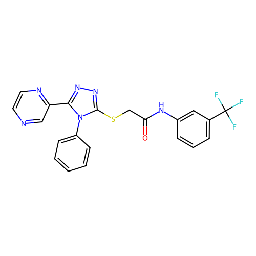 2-[(4-phenyl-5-pyrazin-2-yl-1,2,4-triazol-3-yl)sulfanyl]-N-[3-(trifluoromethyl)phenyl]acetamide structure