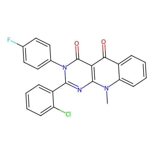 2-(2-chlorophenyl)-3-(4-fluorophenyl)-10-methylpyrimido[4,5-b]quinoline-4,5(3H,10H)-dione structure