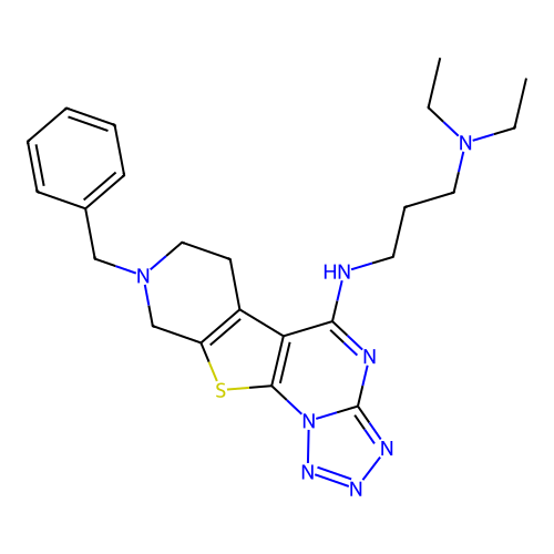 N'-(8-benzyl-6,7,8,9-tetrahydropyrido[4',3':4,5]thieno[3,2-e]tetrazolo[1,5-a]pyrimidin-5-yl)-N,N-diethylpropane-1,3-diamine structure