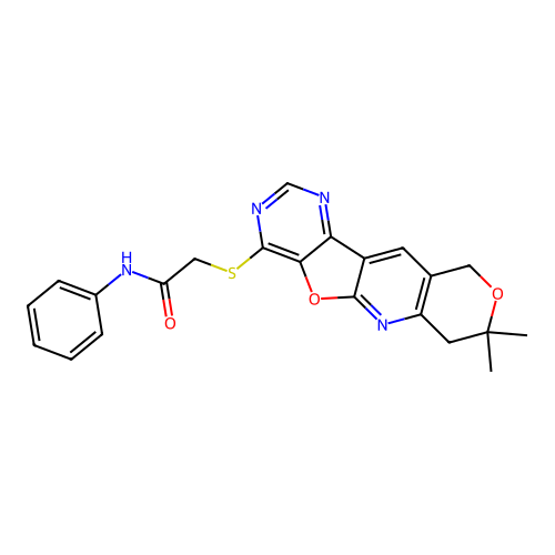 2-[(8,8-dimethyl-7,10-dihydro-8H-pyrano[3'',4'':5',6']pyrido[3',2':4,5]furo[3,2-d]pyrimidin-4-yl)sulfanyl]-N-phenylacetamide structure