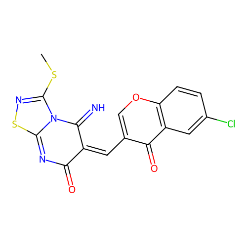 (6E)-6-[(6-chloro-4-oxo-4H-chromen-3-yl)methylidene]-5-imino-3-(methylsulfanyl)-5,6-dihydro-7H-[1,2,4]thiadiazolo[4,5-a]pyrimidin-7-one structure