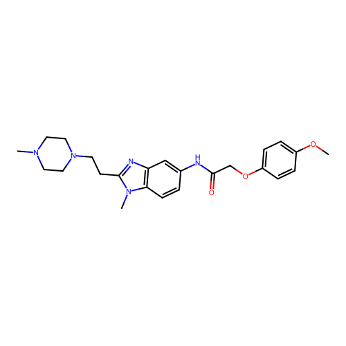 2-(4-methoxyphenoxy)-N-(1-methyl-2-(2-(4-methylpiperazin-1-yl)ethyl)-1H-benzo[d]imidazol-5-yl)acetamide structure