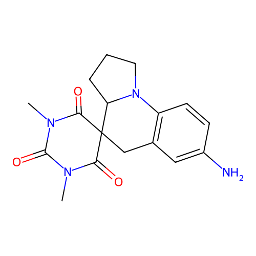 7'-amino-1,3-dimethyl-1',2',3',3a'-tetrahydro-2H,5'H-spiro[pyrimidine-5,4'-pyrrolo[1,2-a]quinoline]-2,4,6(1H,3H)-trione structure