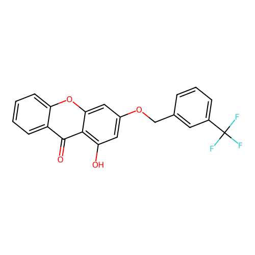 1-hydroxy-3-{[3-(trifluoromethyl)benzyl]oxy}-9H-xanthen-9-one structure