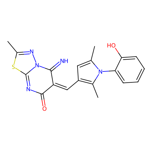 (E)-6-((1-(2-hydroxyphenyl)-2,5-dimethyl-1H-pyrrol-3-yl)methylene)-5-imino-2-methyl-5H-[1,3,4]thiadiazolo[3,2-a]pyrimidin-7(6H)-one structure